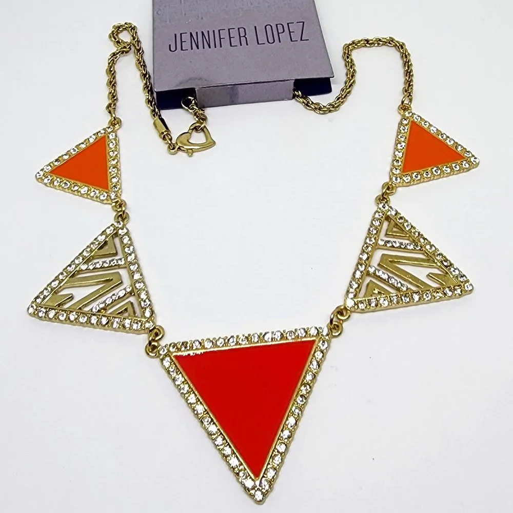 Geometric Retro Pink Orange Gold Triangles Rhinestone Accent Necklace